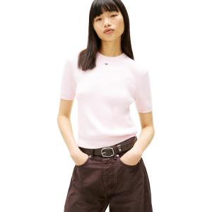 Tommy Jeans Women’s Essential Cotton Crewneck Short Sleeve Sweater with Embroidered Flag Logo(Light Pink)