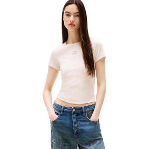 Tommy Jeans Women’s Graphic Tee with Embroidered Flag Detail(Oatmeal Heather Tonal)