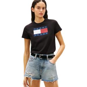 Tommy Jeans Women’s Graphic Tee with Printed Flag Logo Detail(Black)