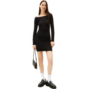 Tommy Jeans Women’s Long Sleeve A-line Dress with Rhinestone Flag Logo(Black)