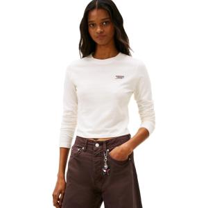 Tommy Jeans Women’s Long Sleeve Cotton Graphic T-Shirts with Embroidered Script Logo(Ancient White)