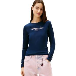 Tommy Jeans Women’s Long Sleeve Cotton Graphic T-Shirts with Printed Script Logo(Dark Night Navy)