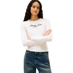 Tommy Jeans Women’s Long Sleeve Cotton Graphic T-Shirts with Printed Script Logo(Ecru)