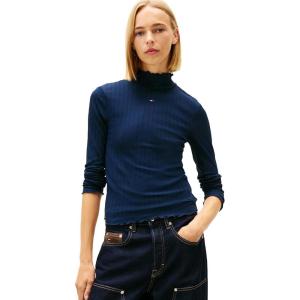 Tommy Jeans Women’s Long Sleeve Cotton Ribbed Graphic Tee with Embroidered Flag Logo(Dark Night Navy)