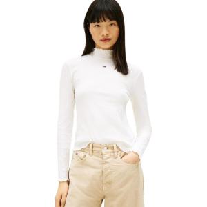 Tommy Jeans Women’s Long Sleeve Cotton Ribbed Graphic Tee with Embroidered Flag Logo(Ecru)