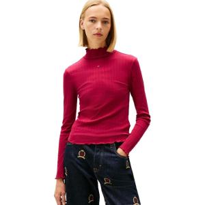 Tommy Jeans Women’s Long Sleeve Cotton Ribbed Graphic Tee with Embroidered Flag Logo(Lavish Cerise)