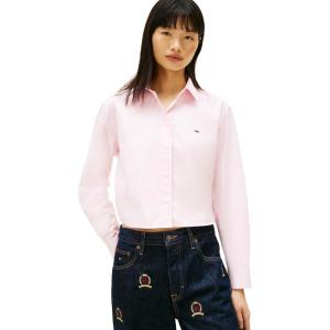 Tommy Jeans Women’s Long Sleeve Cropped Button Up Shirts with Embroidered Flag Logo(Light Pink)