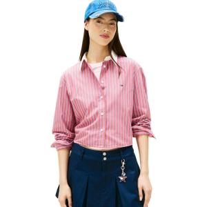 Tommy Jeans Women’s Long Sleeve Cropped Button Up Shirts with Embroidered Flag Logo(Ruby Dusk / Multi Stripe)