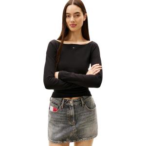 Tommy Jeans Women’s Long Sleeve Graphic Tee with Rhinestone Flag Logo and Tie Back(Black)