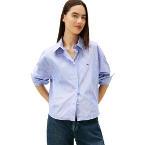 Tommy Jeans Women’s Long Sleeve Oversized Button Up Shirts with Metallic Stripe Detail(Light Blue)