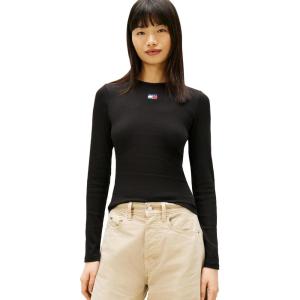 Tommy Jeans Women’s Long Sleeve Ribbed Graphic Tee with Embroidered Flag Detail(Black)