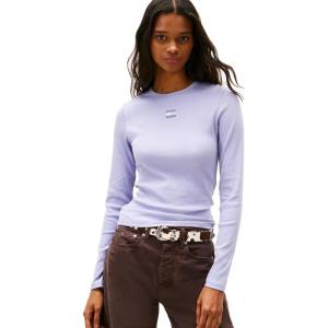 Tommy Jeans Women’s Long Sleeve Ribbed Graphic Tee with Embroidered Flag Detail(Periwinkle Dusk)
