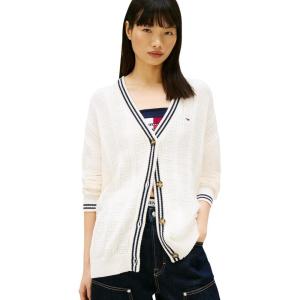 Tommy Jeans Women’s Medium Weight Cotton Cable Cardigan with Knit Flag Print(Ancient White)