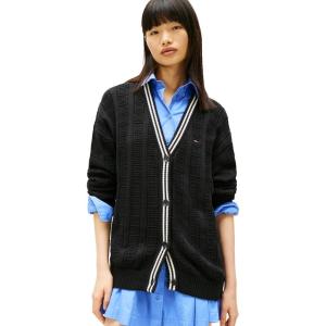 Tommy Jeans Women’s Medium Weight Cotton Cable Cardigan with Knit Flag Print(Black)