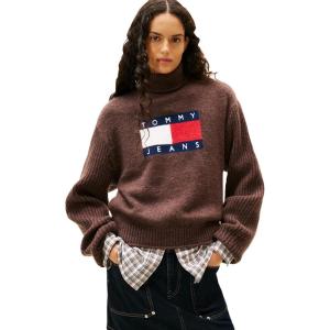 Tommy Jeans Women’s Medium Weight Wool Blend Turtleneck Sweater with Big Fag Logo(Black Walnut)