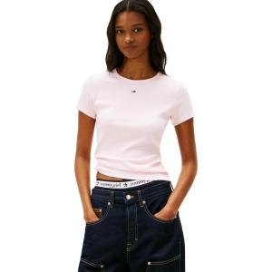 Tommy Jeans Women’s Ribbed Graphic Tee with Embroidered Flag Detail(Light Pink)