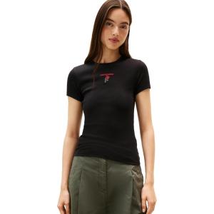 Tommy Jeans Women’s Ribbed Graphic Tee with Embroidered Rose Logo Detail(Black)