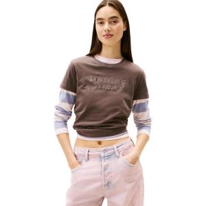 Tommy Jeans Women’s Short Sleeve Coton Graphic T-Shirts with Tonal Embroidered Logo(Black Walnut)