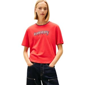 Tommy Jeans Women’s Short Sleeve Cotton Graphic T-Shirt with Applique Logo Detail(Red Alert)