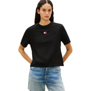 Tommy Jeans Women’s Short Sleeve Cotton Graphic T-Shirt with Embroidered Flag Logo(Black)