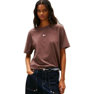 Tommy Jeans Women’s Short Sleeve Cotton Graphic T-Shirt with Embroidered Flag Logo(Black Walnut)
