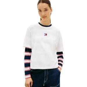 Tommy Jeans Women’s Short Sleeve Cotton Graphic T-Shirt with Embroidered Flag Logo(Ecru)