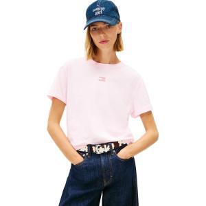 Tommy Jeans Women’s Short Sleeve Cotton Graphic T-Shirt with Embroidered Flag Logo(Light Pink)