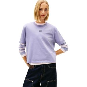Tommy Jeans Women’s Short Sleeve Cotton Graphic T-Shirt with Embroidered Flag Logo(Periwinkle Dusk)