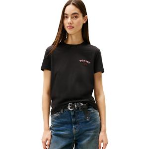 Tommy Jeans Women’s Short Sleeve Cotton Graphic T-Shirt with Printed Stacked Back Graphic(Black)