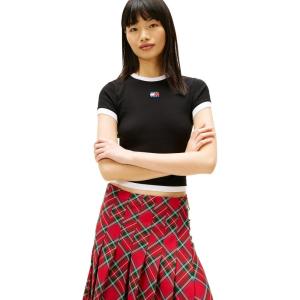 Tommy Jeans Women’s Short Sleeve Cotton Graphic T-Shirts with Embroidered Badge Logo(Black)