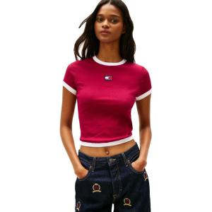Tommy Jeans Women’s Short Sleeve Cotton Graphic T-Shirts with Embroidered Badge Logo(Lavish Cerise)