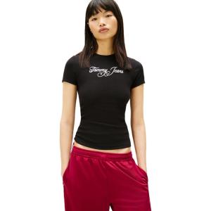 Tommy Jeans Women’s Short Sleeve Cotton Graphic T-Shirts with Printed Script Logo(Black)