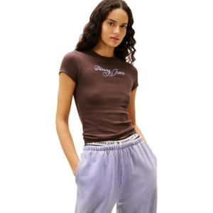 Tommy Jeans Women’s Short Sleeve Cotton Graphic T-Shirts with Printed Script Logo(Black Walnut)