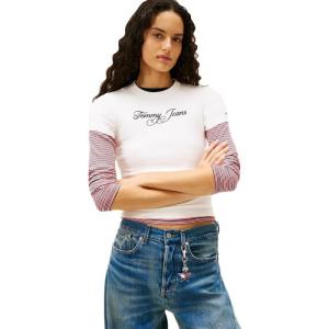 Tommy Jeans Women’s Short Sleeve Cotton Graphic T-Shirts with Printed Script Logo(Ecru)