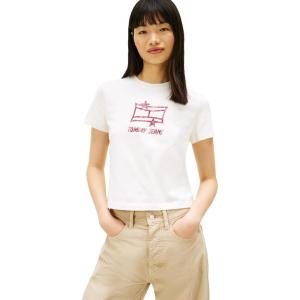 Tommy Jeans Women’s Short Sleeve Cotton Graphic T-Shirts with Printed Star Logo(Ecru)