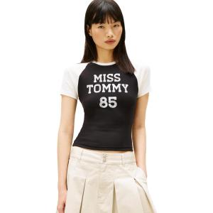 Tommy Jeans Women’s Short Sleeve Cotton Graphic T-Shirts with Printed Varsity Logo(Black)