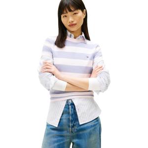 Tommy Jeans Women’s Short Sleeve Cotton Striped T-Shirts with Embroidered Flag Logo(Periwinkle Dust / Multi Stripe)