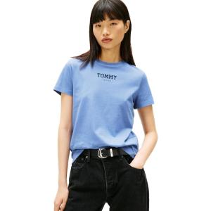 Tommy Jeans Women’s Short Sleeve Essential Cotton Graphic T-Shirt with Printed Logo(Light Horizon Blue)