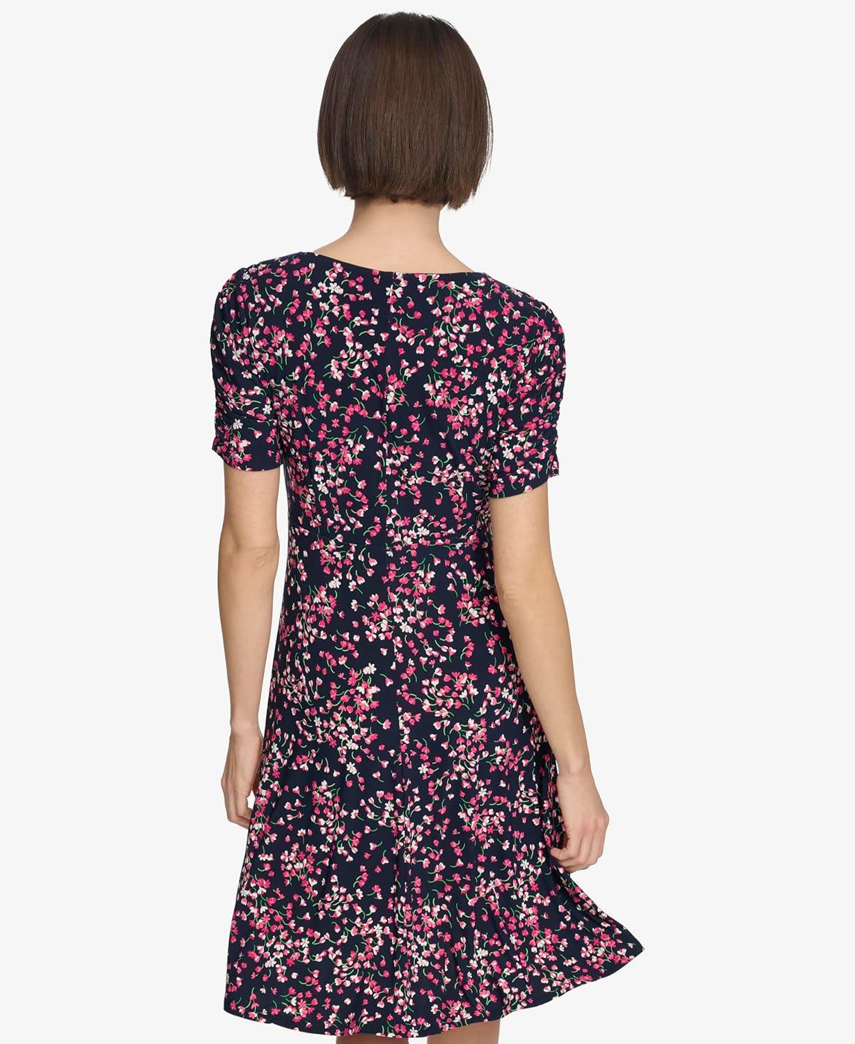 imageTommy Hilfiger Floral Ruche Empire Waist FitandFlareSky CaptainHot Pink