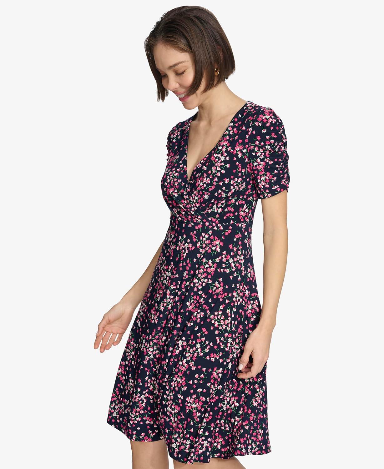 imageTommy Hilfiger Floral Ruche Empire Waist FitandFlareSky CaptainHot Pink