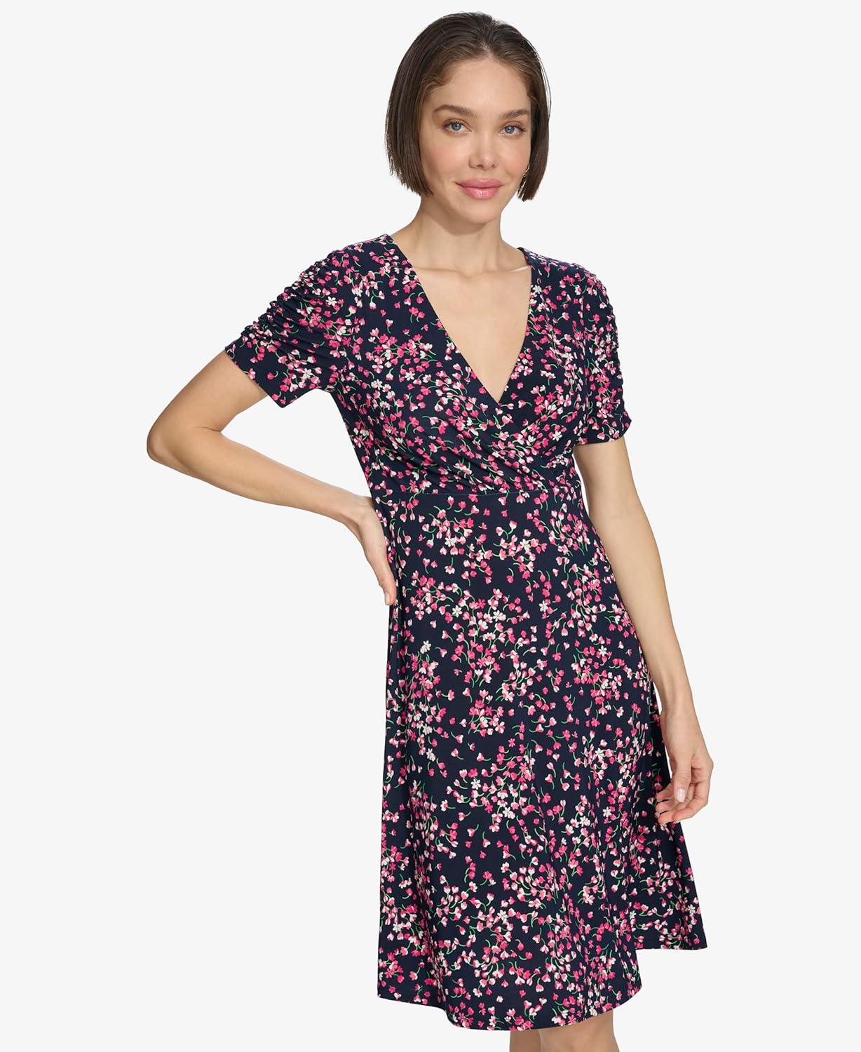 imageTommy Hilfiger Floral Ruche Empire Waist FitandFlareSky CaptainHot Pink