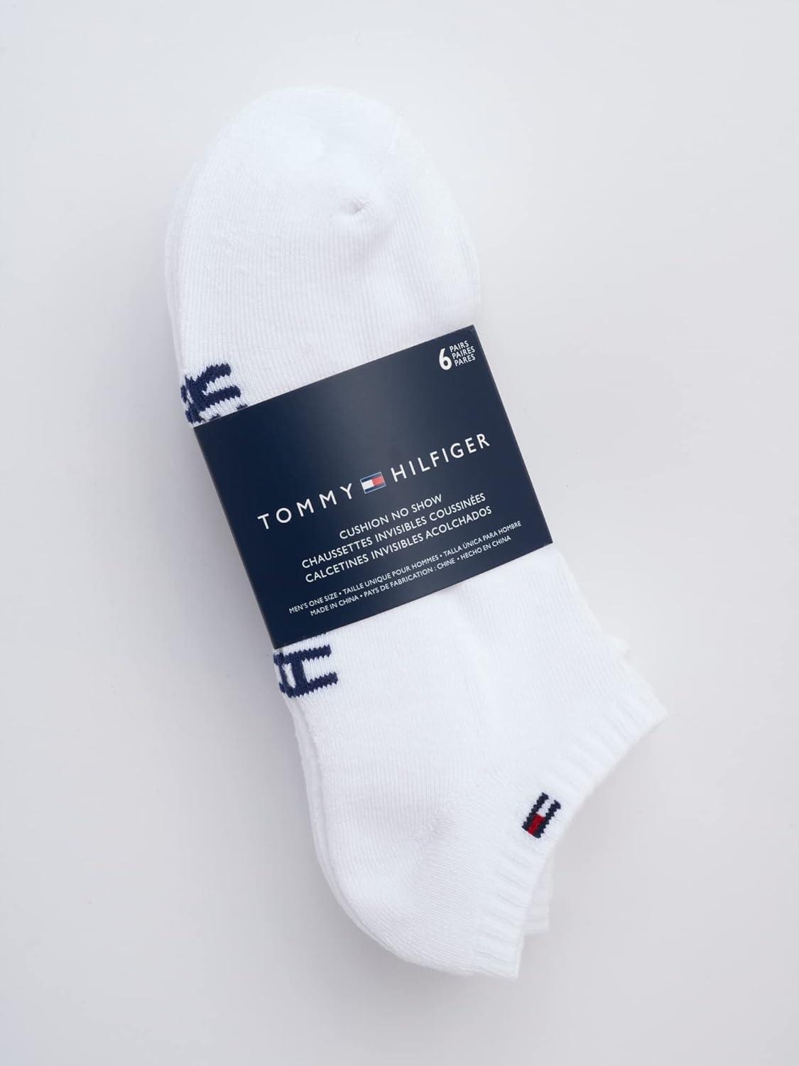 imageTommy Hilfiger Mens No Show Socks 6 Pack Cushioned Performance Stretch Athletic Low Cut Socks for MenAll White