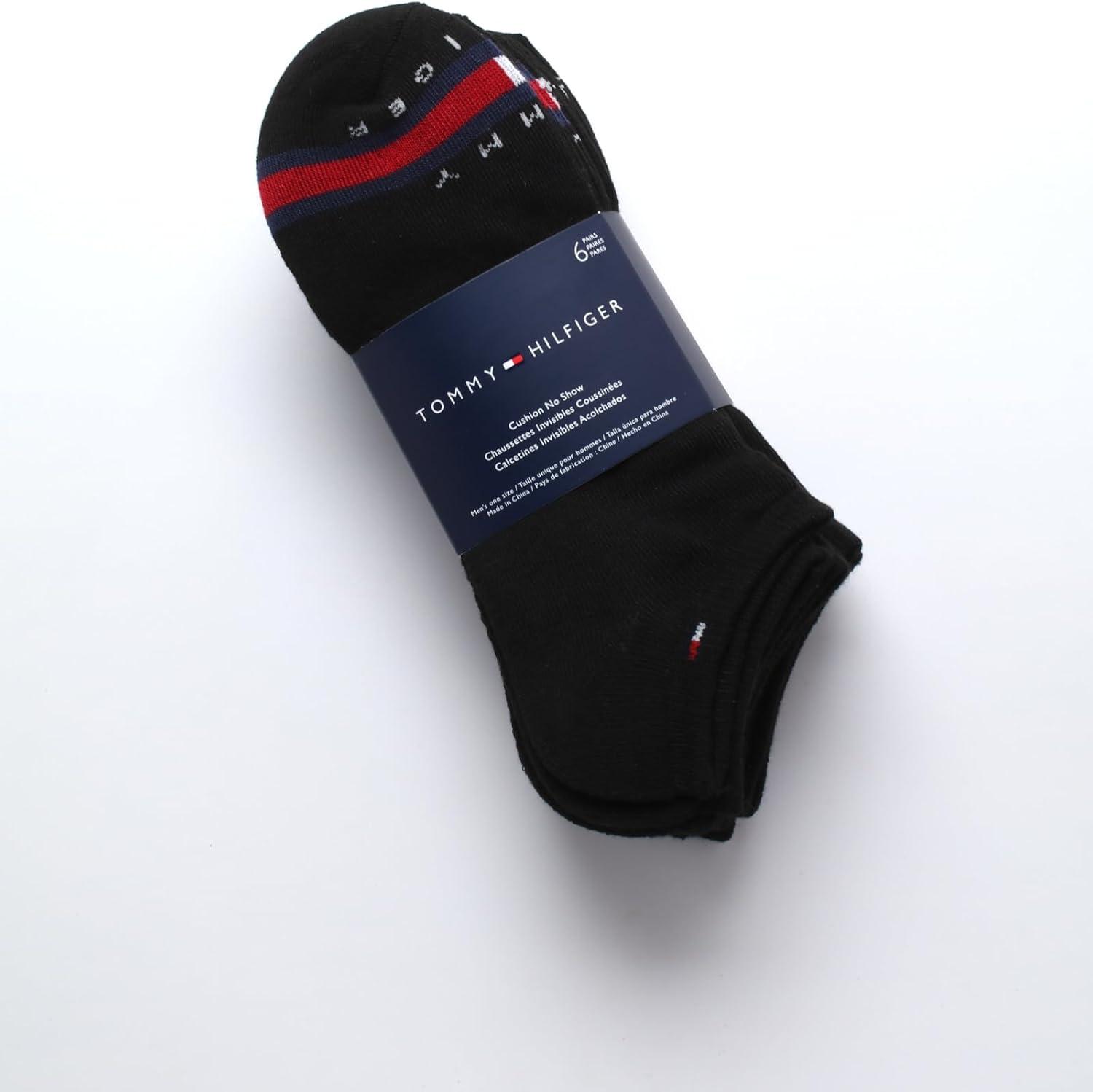 imageTommy Hilfiger Mens No Show Socks 6 Pack Cushioned Performance Stretch Athletic Low Cut Socks for MenBlack Multi