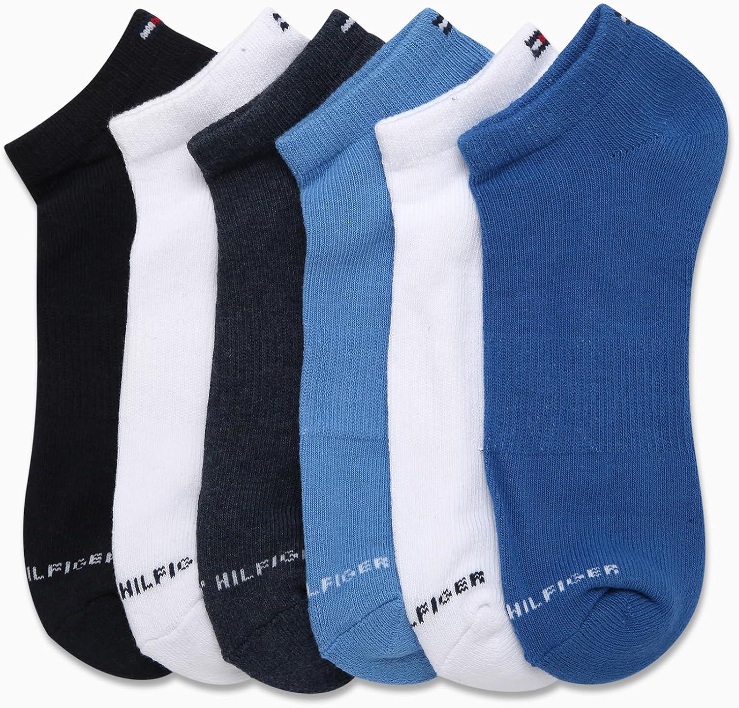 imageTommy Hilfiger Mens No Show Socks 6 Pack Cushioned Performance Stretch Athletic Low Cut Socks for MenBlue Multi