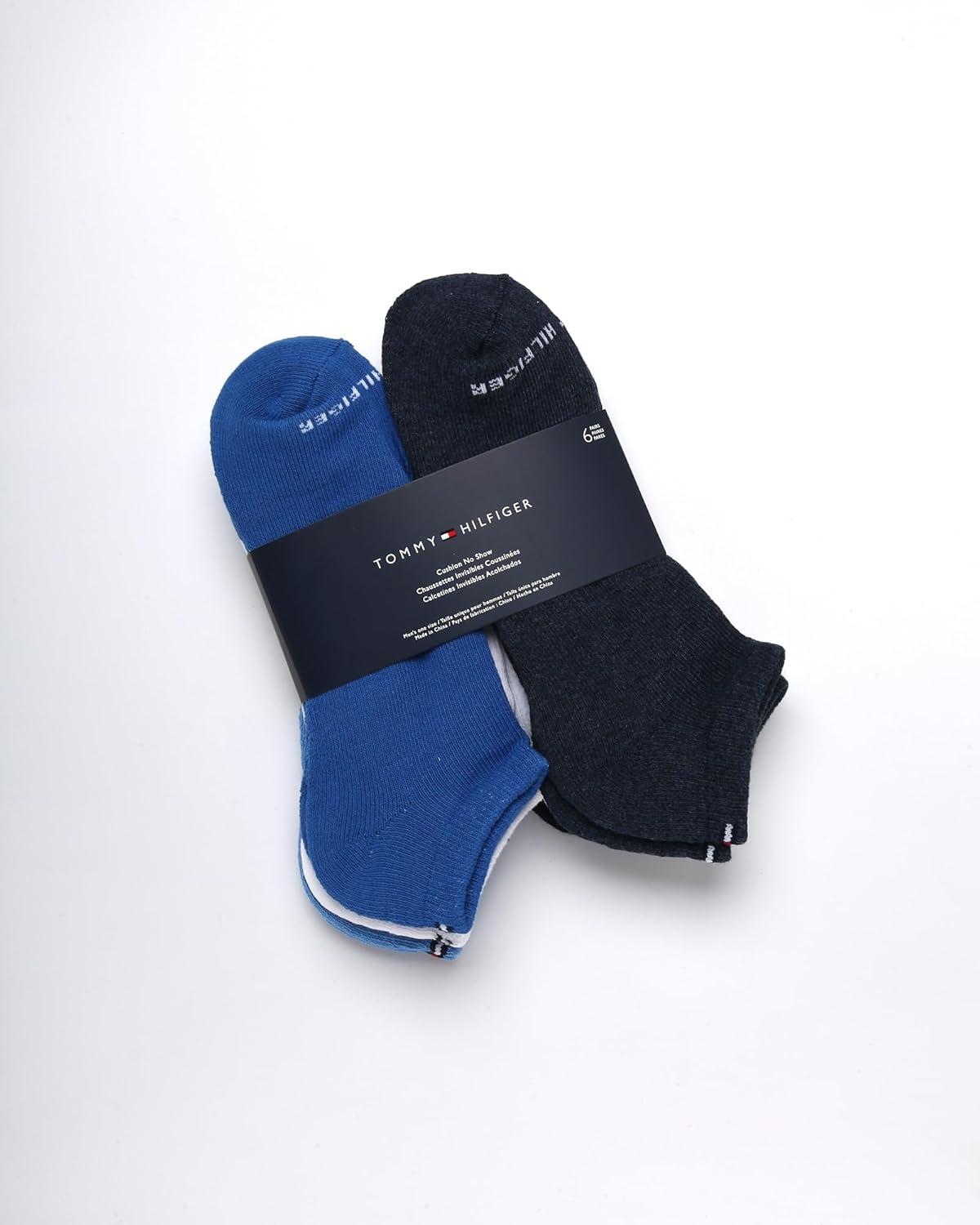imageTommy Hilfiger Mens No Show Socks 6 Pack Cushioned Performance Stretch Athletic Low Cut Socks for MenBlue Multi