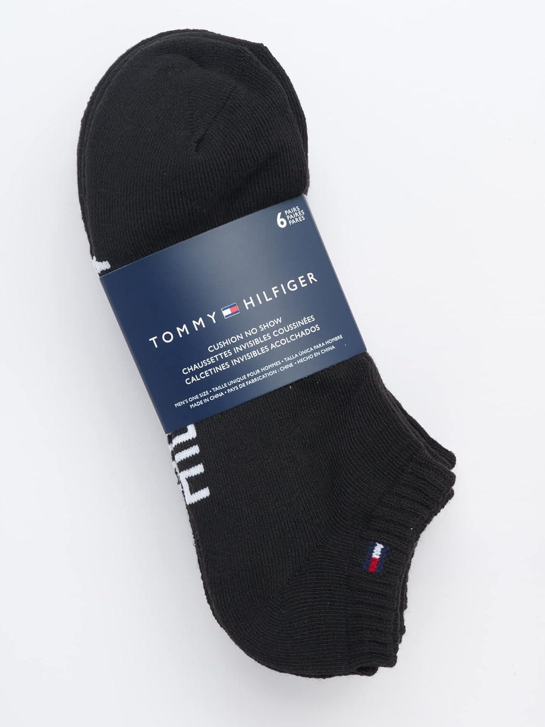 imageTommy Hilfiger Mens No Show Socks 6 Pack Cushioned Performance Stretch Athletic Low Cut Socks for MenPure Black