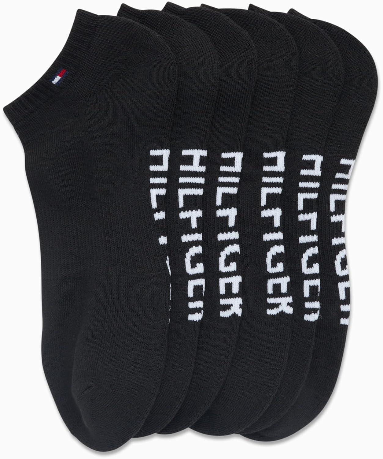 imageTommy Hilfiger Mens No Show Socks 6 Pack Cushioned Performance Stretch Athletic Low Cut Socks for MenPure Black