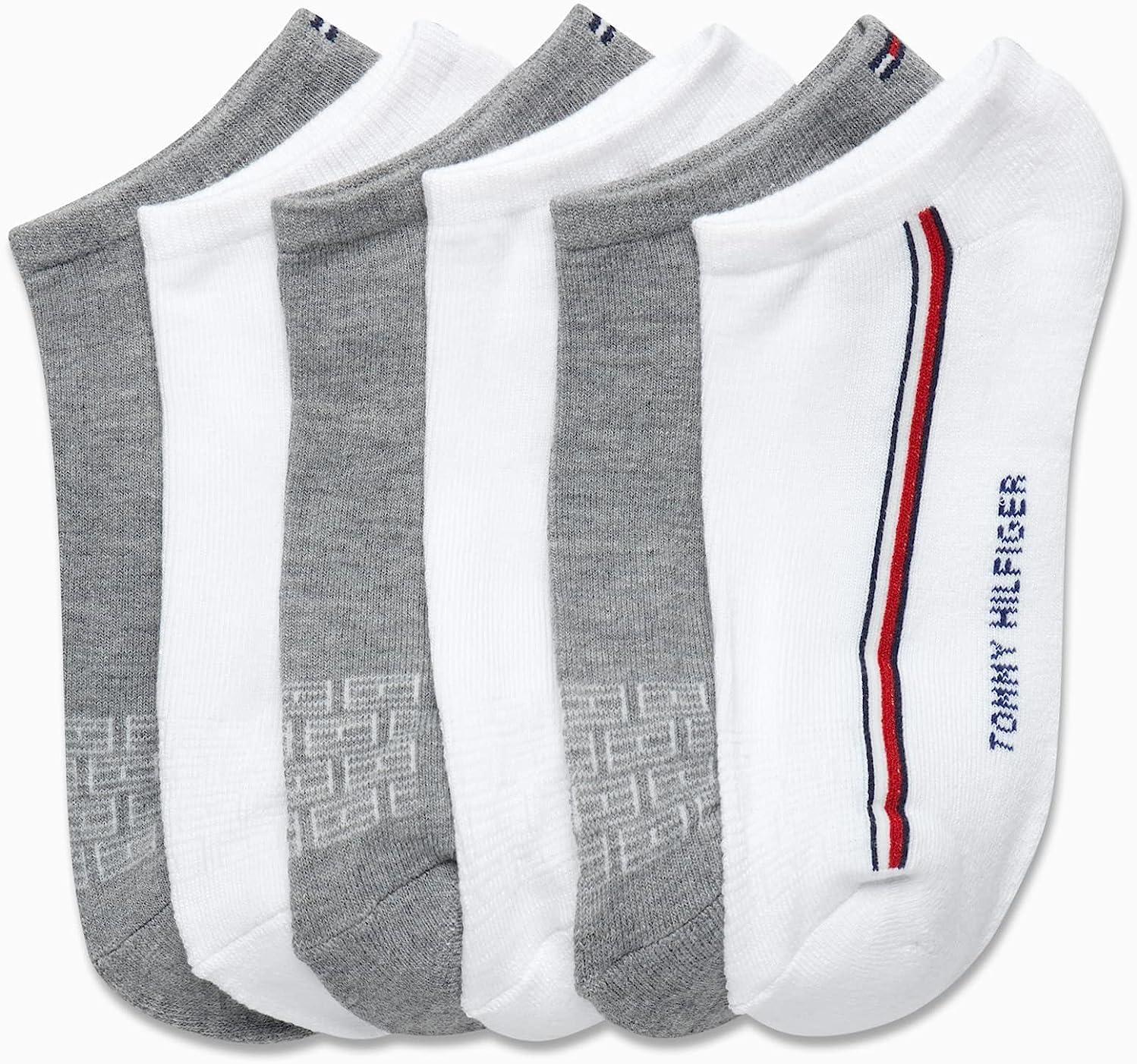 imageTommy Hilfiger Mens No Show Socks 6 Pack Cushioned Performance Stretch Athletic Low Cut Socks for MenWhite Multi