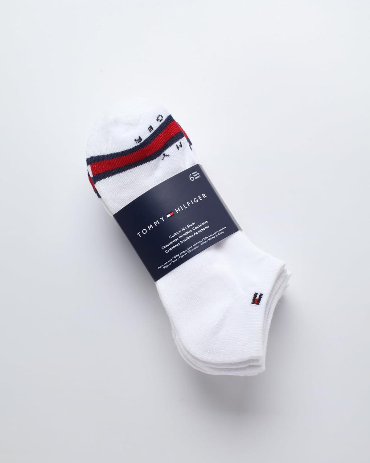 imageTommy Hilfiger Mens No Show Socks 6 Pack Cushioned Performance Stretch Athletic Low Cut Socks for MenWhiteBlack Stripe