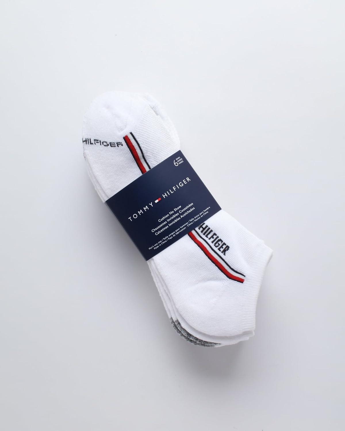 imageTommy Hilfiger Mens No Show Socks 6 Pack Cushioned Performance Stretch Athletic Low Cut Socks for MenWhiteGrey